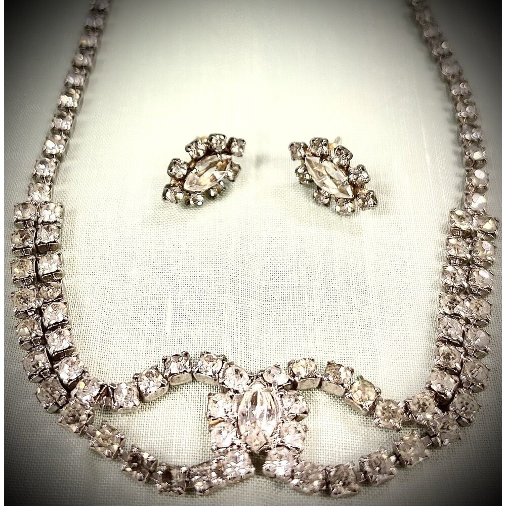 Vintage Rhinestone Necklace & Earrings Set Silver Tone Marquise Center Wedding
